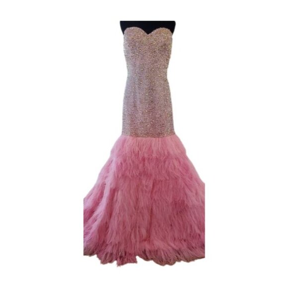 Evening Wedding Cocktail Runway Beaded Crystals Ostrich Feathers Couture Dress - Picture 3 of 16